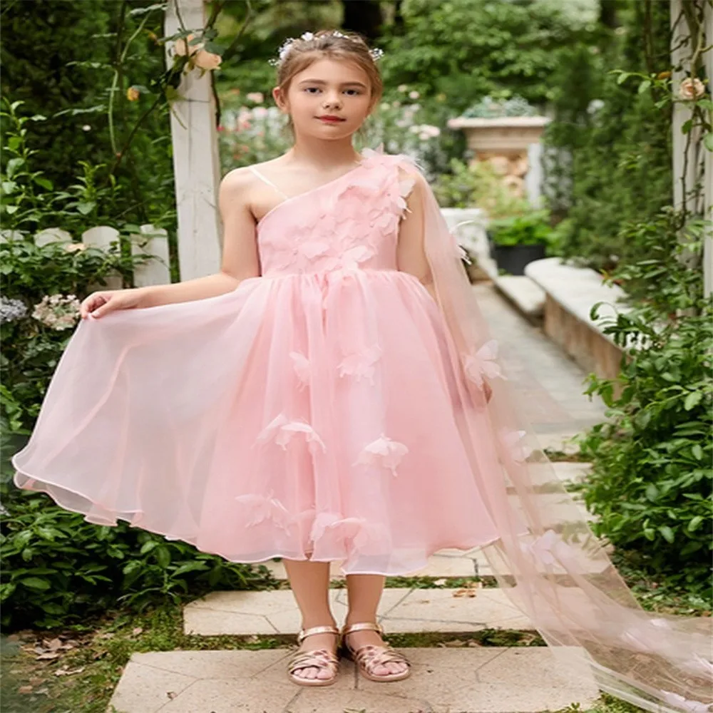 Customize Flower Girl Dress Elegant Pink Single shoulder Formal Occasion Wedding Birthday First Communion Pageant Party