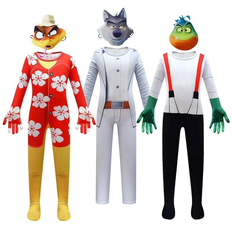 

Movie The Bad Guys Mr. Wolf Mr. Shark Snake Piranha Cosplay Costume with Mask Cartoon Character Halloween Party Suit for Kids