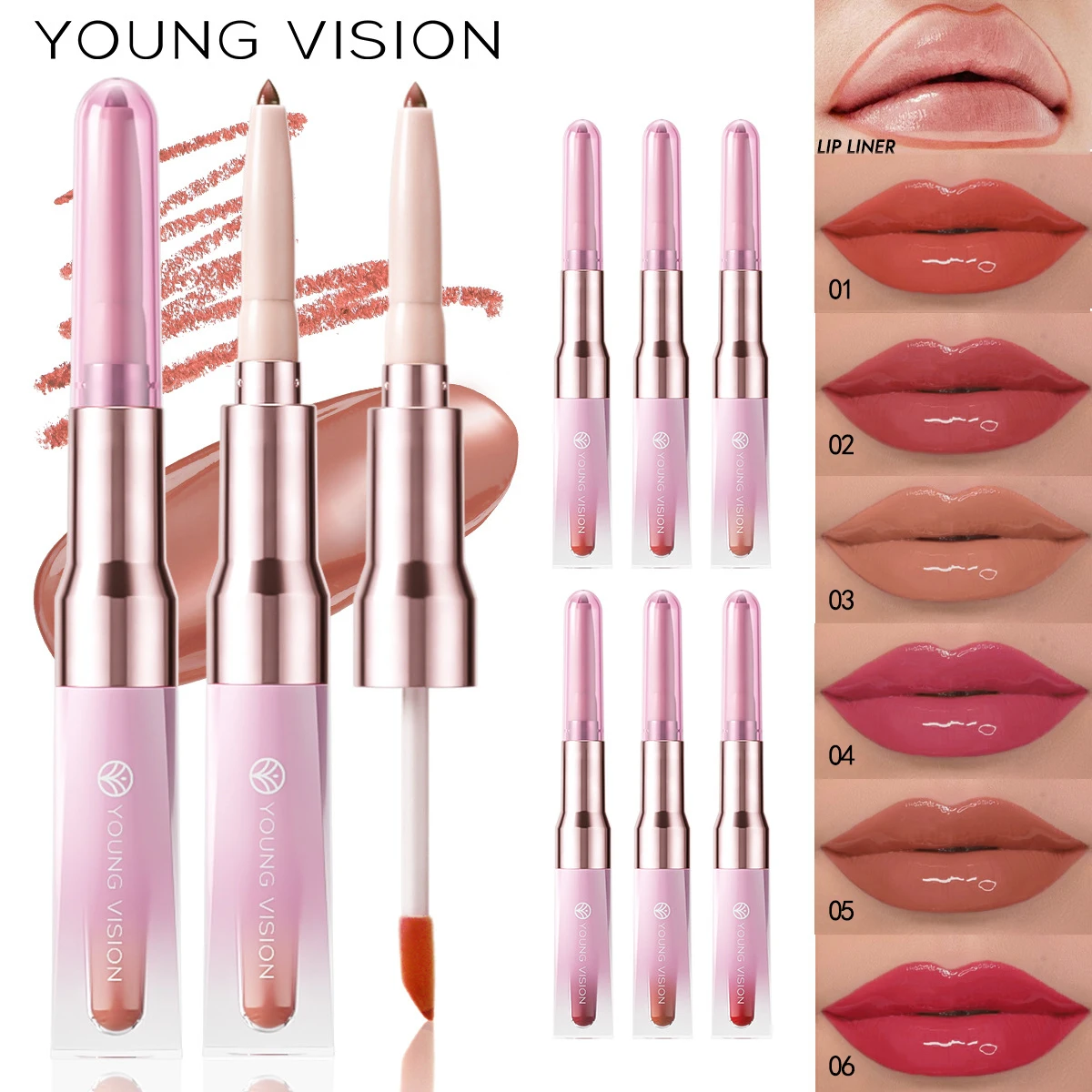 6-kleuren lipliner met twee uiteinden + Lipgloss spiegel hydraterende gradiënt Lip Tint, Matte Finish, Velvet Liquid Lipstick