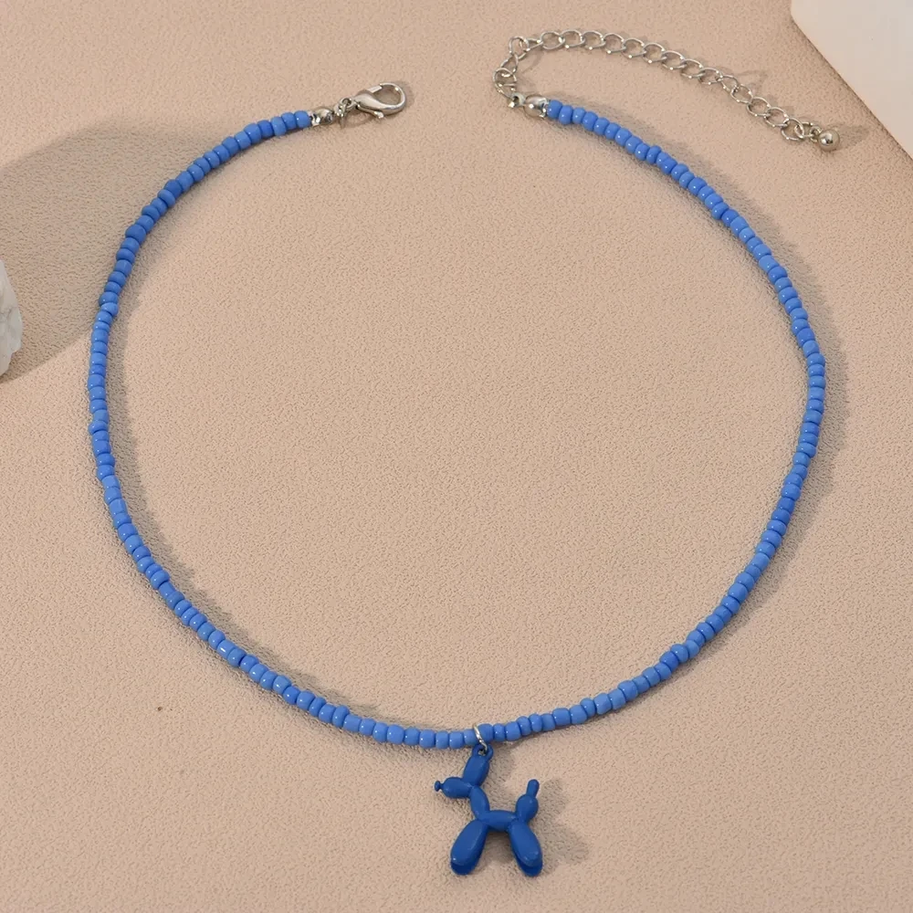 Cute Colorful Enamel Puppy Dog Pendant Necklace for Women Boho Ethnic Handmade Beaded Chain Choker Necklace Wholesale Jewelry