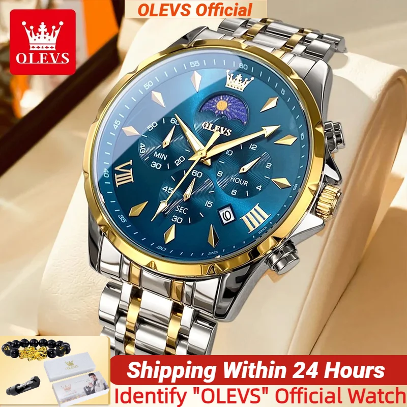 

OLEVS 3653 оригинальные мужские кварцевые часы, новые четыре маленьких циферблата, хронограф с фазой Луны, водонепроницаемые мужские наручные часы из нержавеющей стали