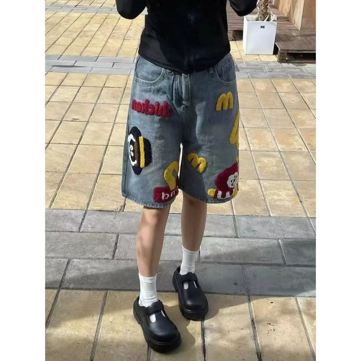 

Retro Street Hip Hop Five-Point Double Waist Head Jeans Shorts Embroidered Print Patchwork Trendy Youth Loose Straight Cut
