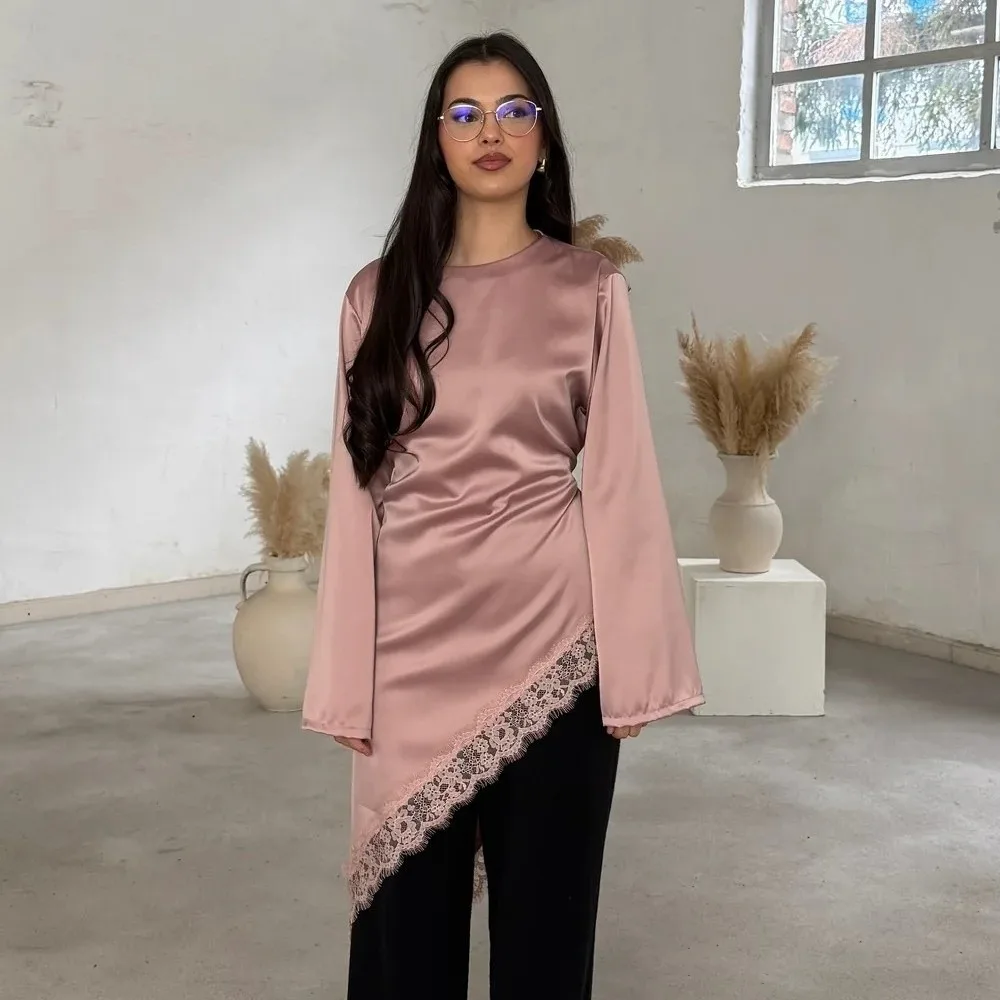 

Lace Lower Hemline Drooping Style Blouse Long Sleeve Breathable Irregular Dress Simple Comfortable Long Shirt Office Lady