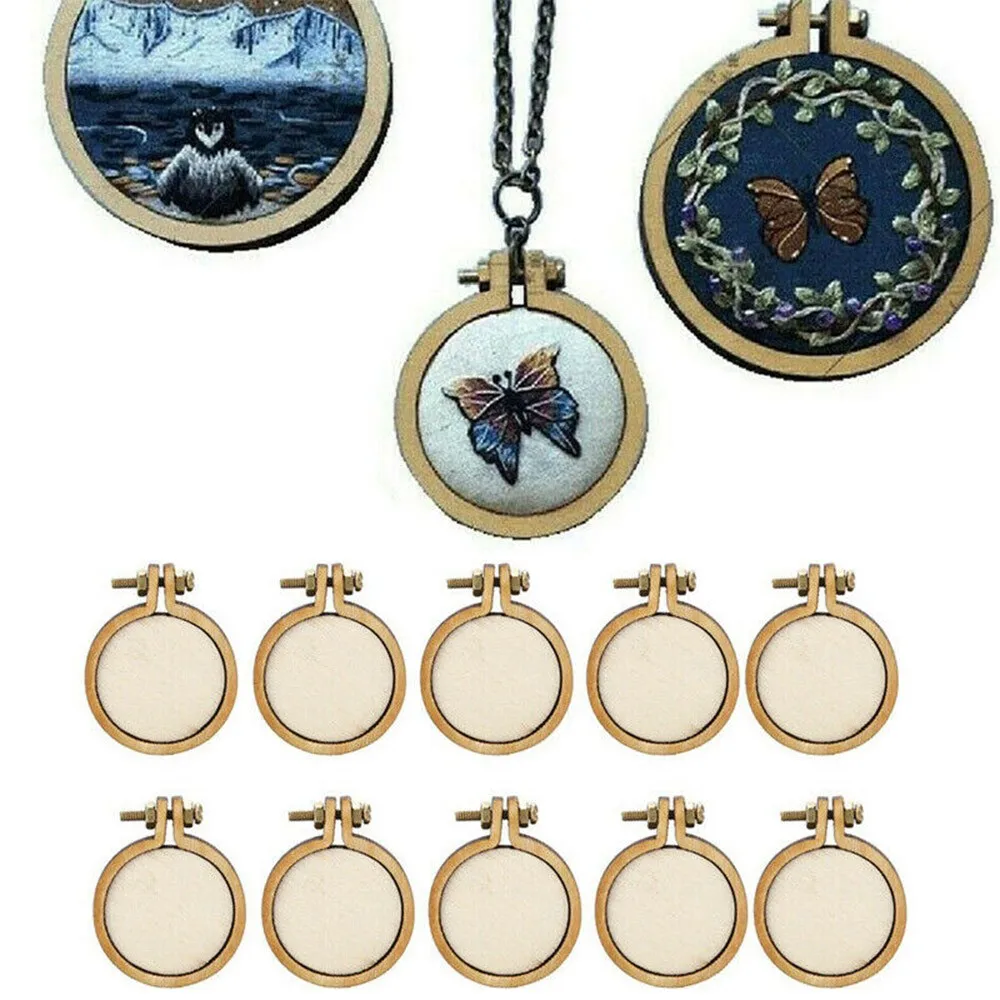 10pcs/set Wooden Mini Embroidery Hoop Ring Cross Stitch Frame Handmade Pendant Crafts Embroidery Circle Sewing Kit Wall Decor