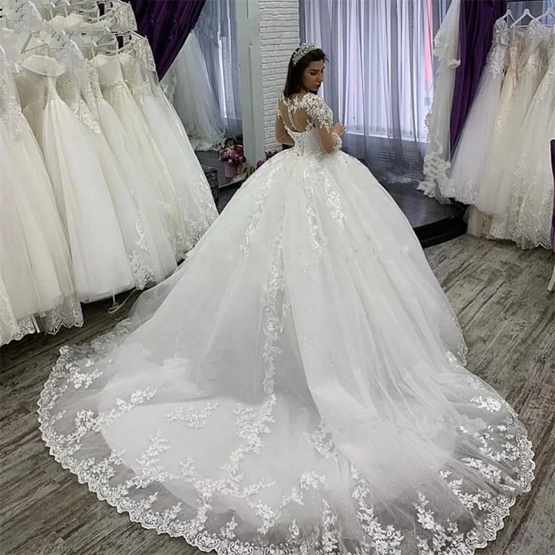 Nuevos Vestidos De Novia De manga larga, Vestido De novia con apliques, Vestido De novia con cola De barrido y cuello redondo, Vestido De novia De encaje personalizado