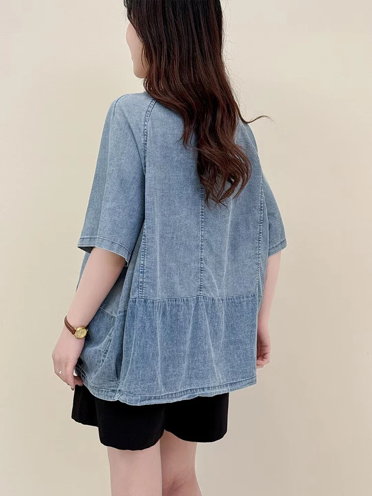 Amax LuluE 2026 Summer Vintage Soild Tee Shirts Ladies Japanese Design Fashion Denim Tops Womens Classic Leisure Loose Clothes