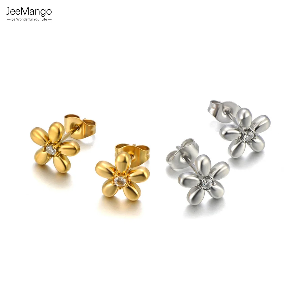JeeMango البسيطة الزركون 5 أوراق زهرة أقراط مطلية بالذهب موضة المرأة أقراط مجوهرات من صلب لا يصدأ اكسسوارات E25024