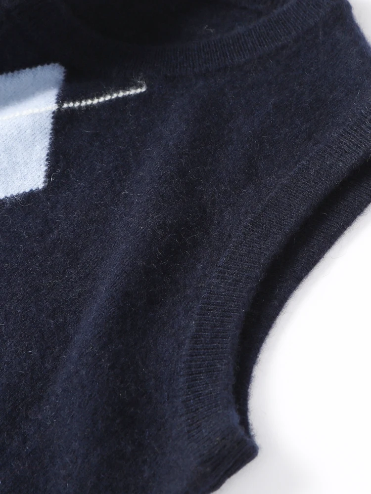 

Женский кашемировый жилет, пуловер с круглым вырезом, свитер с ромбовидным узором, осень-зима, без рукавов, 100% кашемировый вязаный жилет с цветными блоками