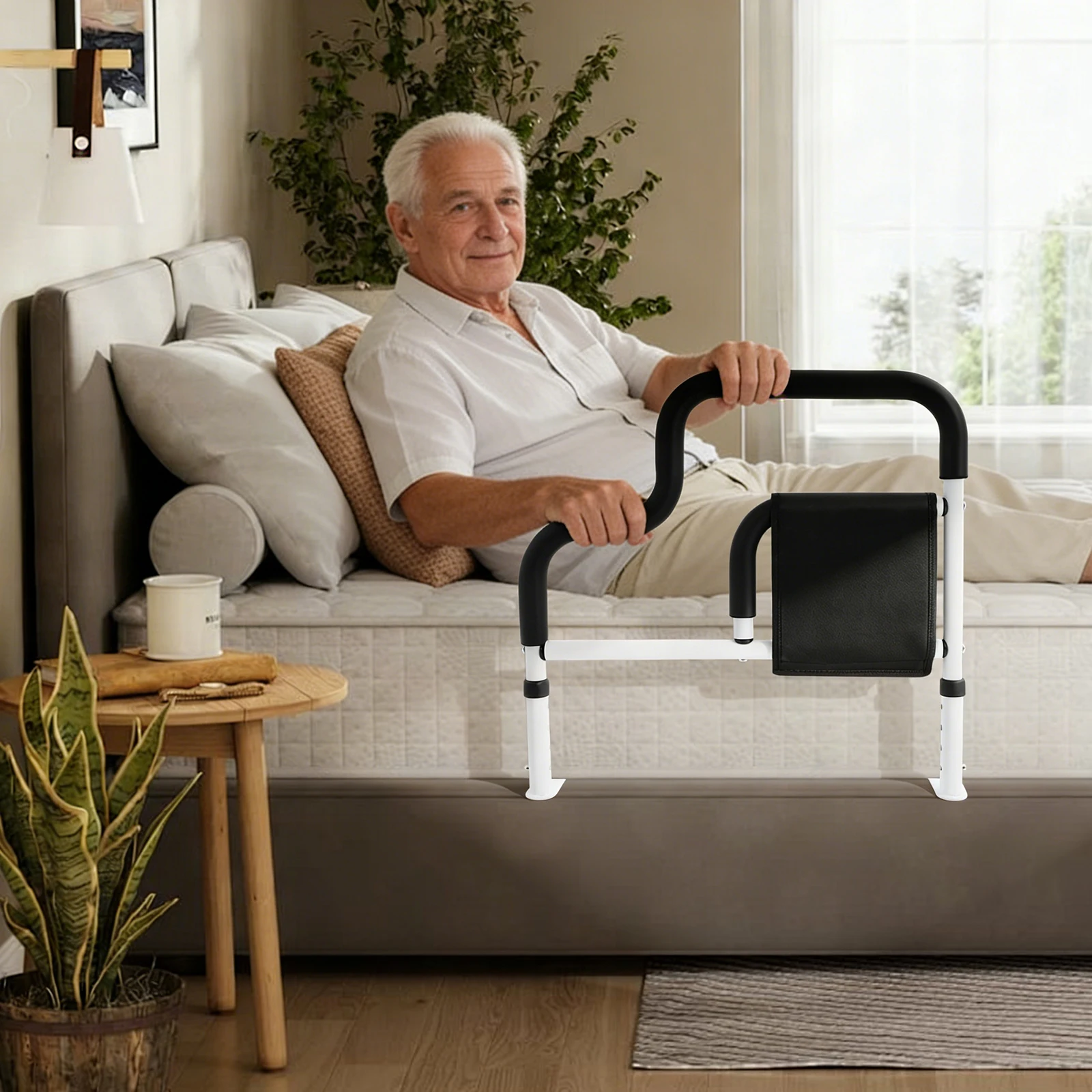 L-shaped Bed Rail  Four Level Adjustable Height, 220 lbs Load-Bearing Bedside Fall Prevent Grab Bar for The Senior Bed Assist Rail