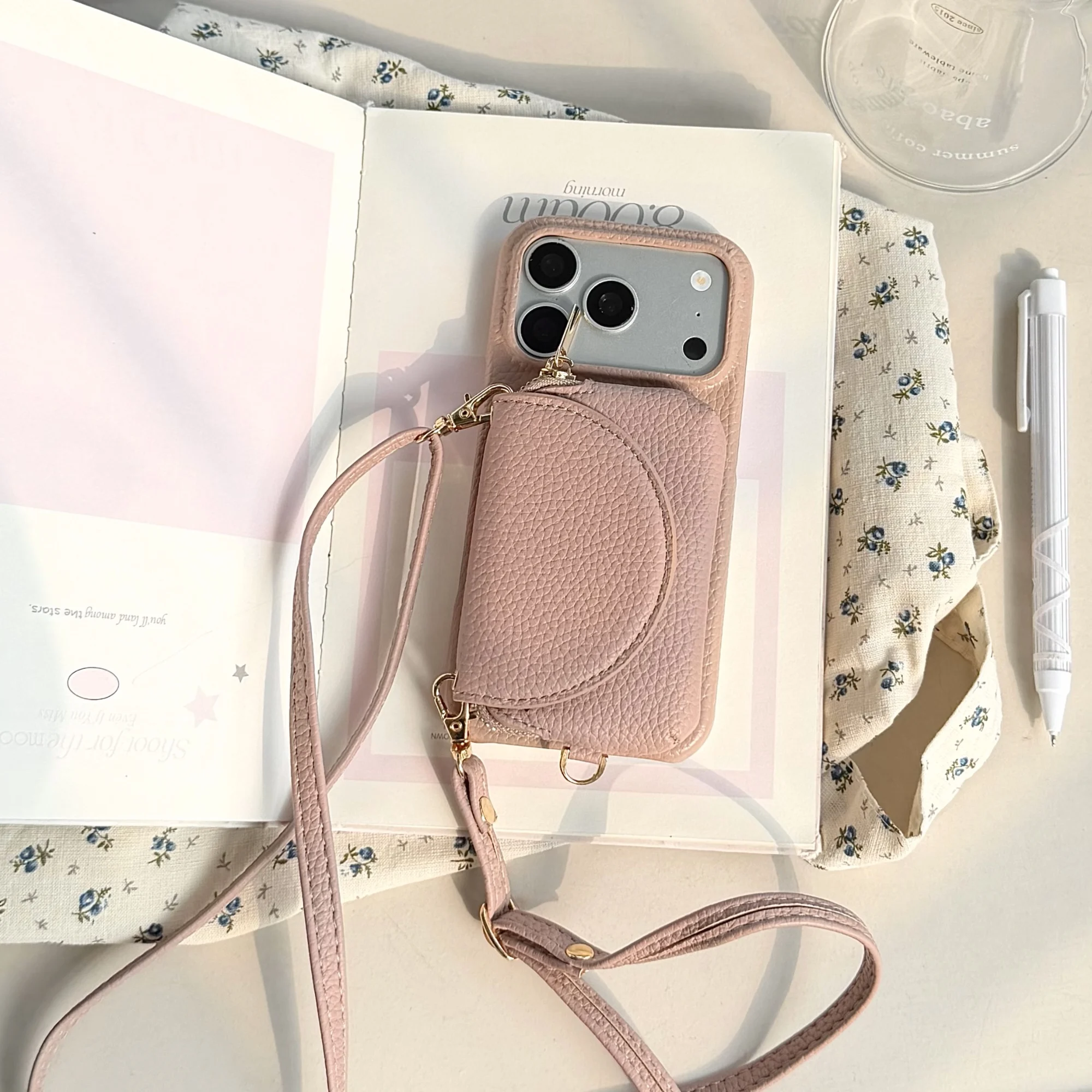 Etui na telefon iPhone 18 17 Pro Max 16 15 14 13 12 11 z paskiem na ramię, skórzanym paskiem, przegródkami na karty i wbudowanym lusterkiem do makijażu. — zdjęcie produktu 5