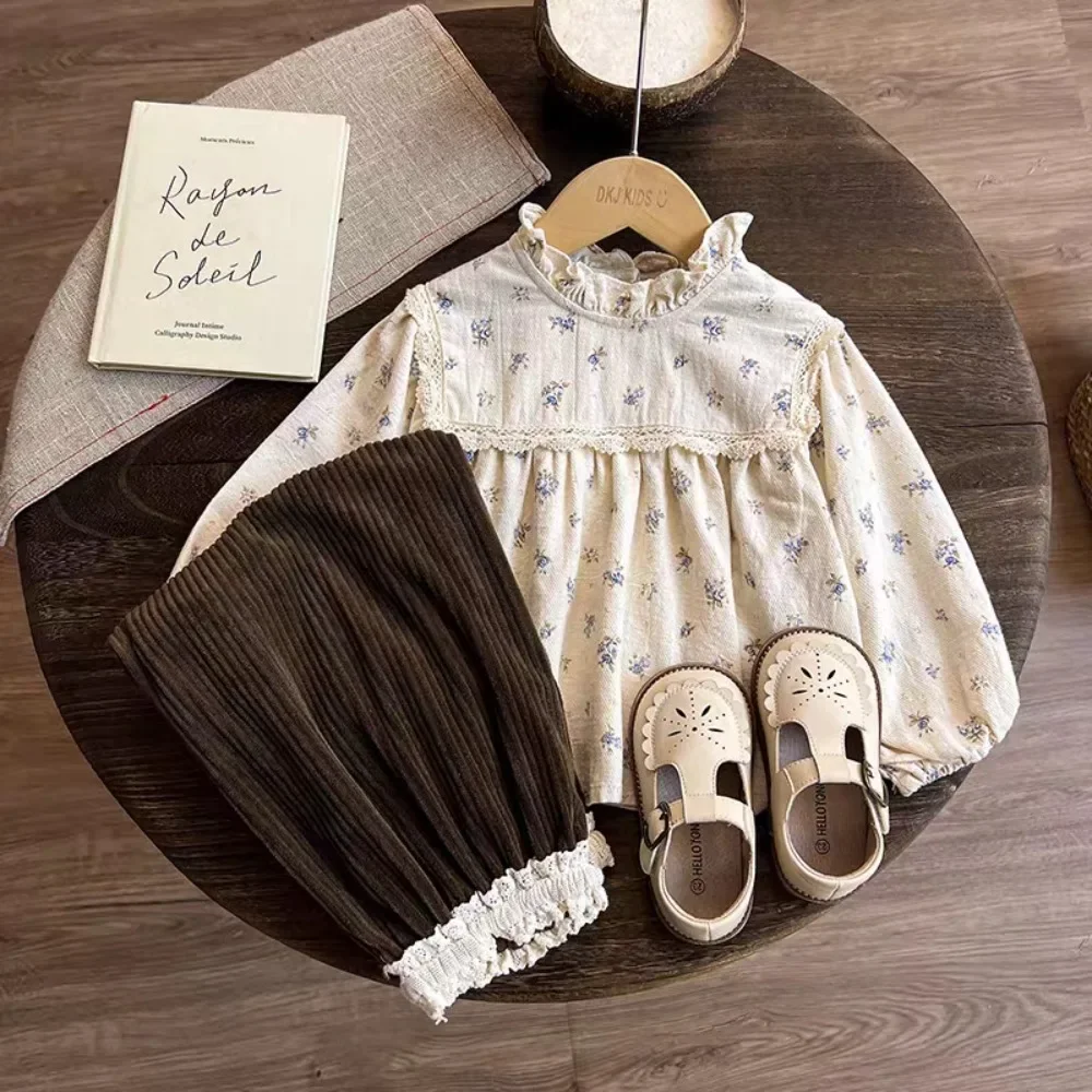 

3-7 Year Old Girls Clothes Autumn Korean Version Children's Clothing 2025 Flower Print Long Sleeved Top+Coffee Pants 2-piece Set