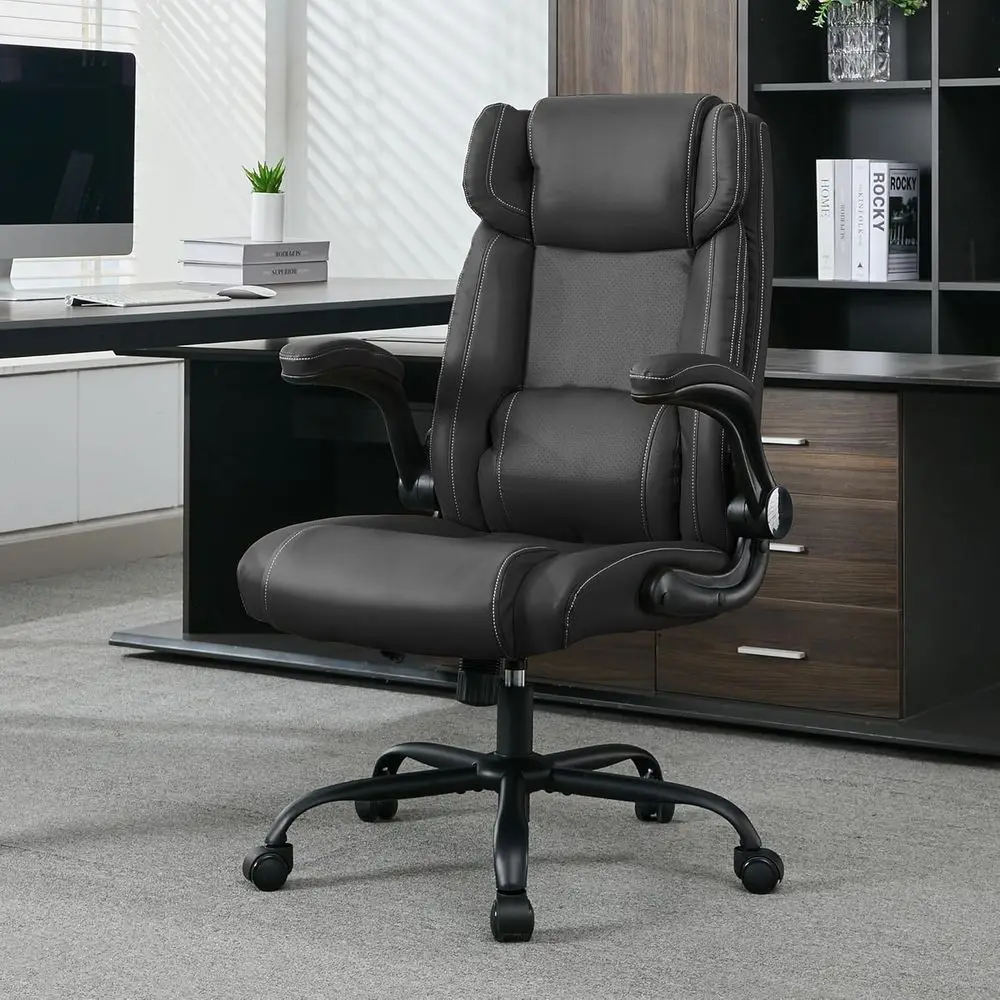 Ergonomic Leather Executive Desk Chair with Adjustable Armrests and Rocking Feature (Black)