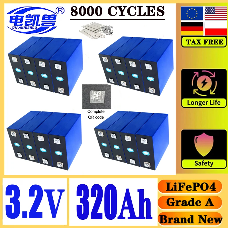 

8000 cycle Brand New 320Ah LiFePO4 3.2V rechargeable battery suitable for DIY 12V~48V caravan marine solar energy system no tax