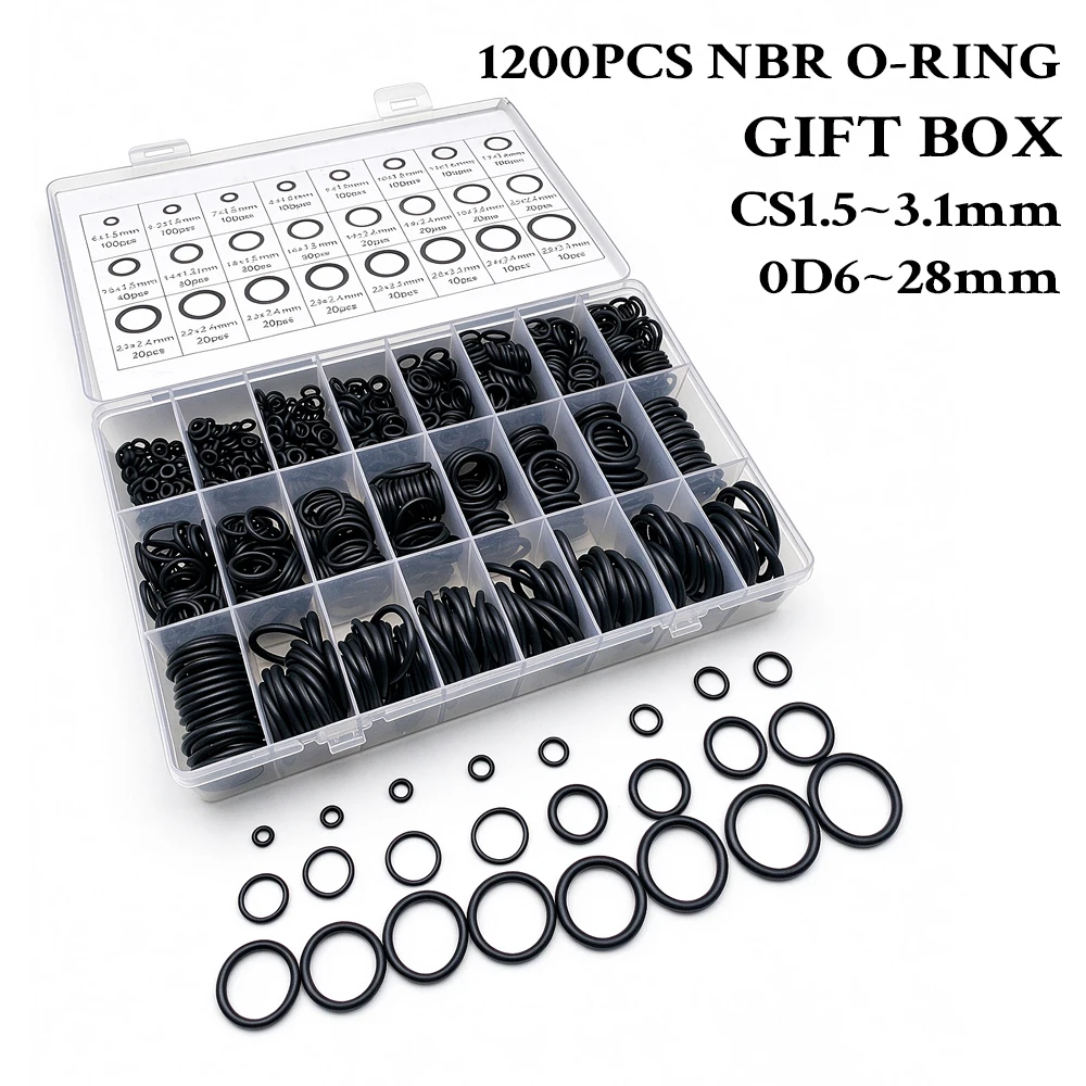 1200 PCS NBR O-Ring Kit, Black Nitrile Rubber O-Ring Set, CS1.5-3.1mm OD6-28mm, Sealing Gasket For Industrial Machinery Pipeline