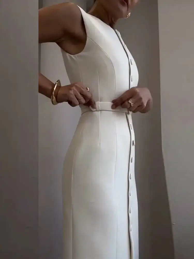 Elegant Single Breasted Tank Dress Women Belts Sleeveless O-Neck Slim Solid 2025 Spring Dresses Commute Street Split Lady Robe