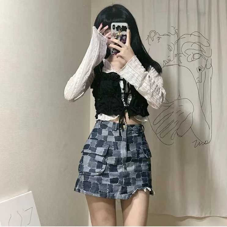 Sweet Hot Girl Denim Skirt Women High Street Niche Irregular Chess Board Short Ins Trendy