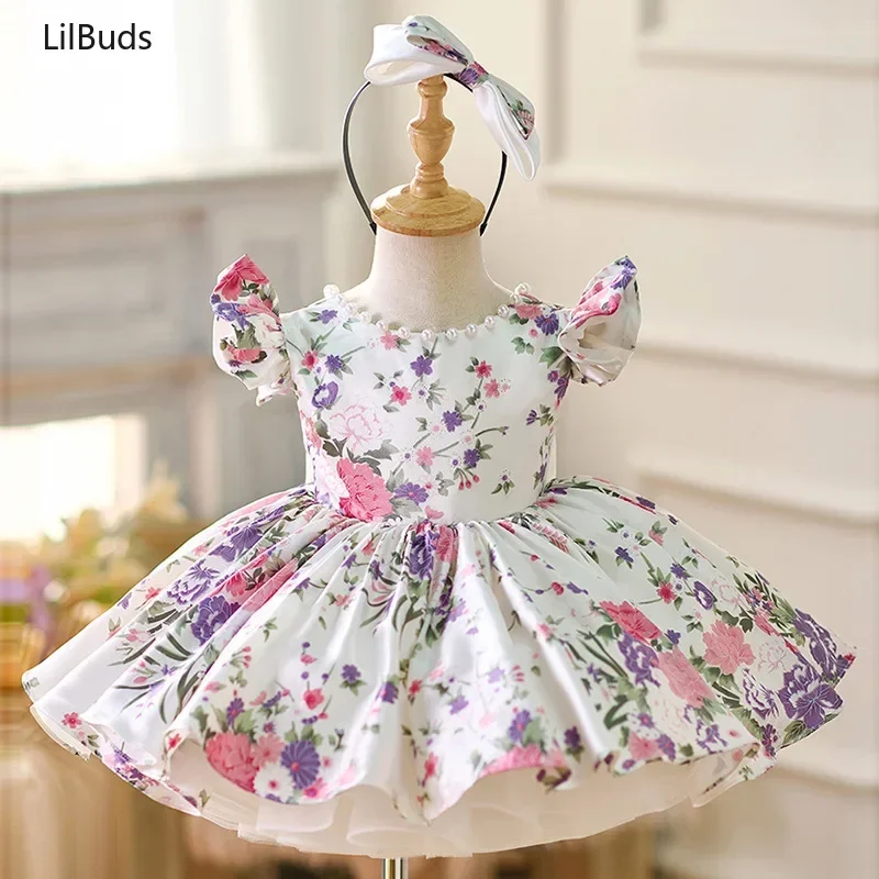 

2024 Kids Children Flower Princess Costumes One Year Birthday Princess Banquet Tutu Dress Little Girl's Western-Style Clothes