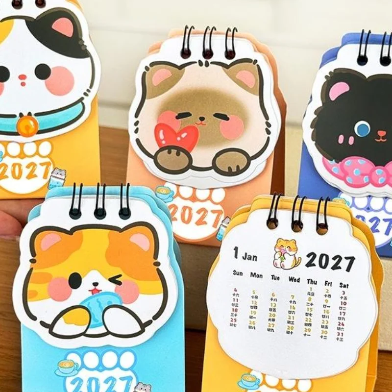 1Pcs 2026 Year Cartoon Cat Desktop Mini Desk Calendar Clock In Program Student