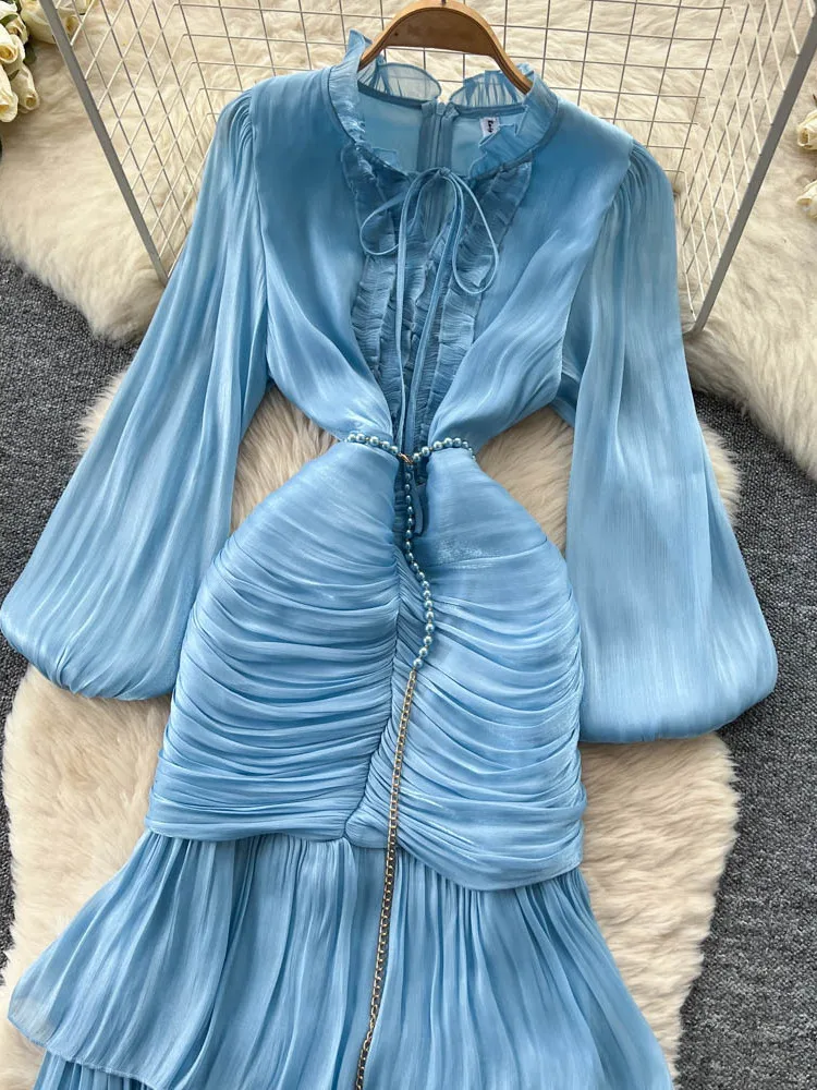 Długa satynowa sukienka damska z falbanami, podkreślająca talię, do pracy, z wysokim stanem, w kształcie litery A, letnia.