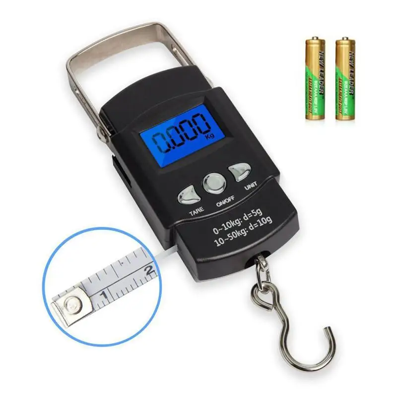 50kg Portable LCD Electronic Hand Scale, Travel Hanging Fish Scale with 1m ruler