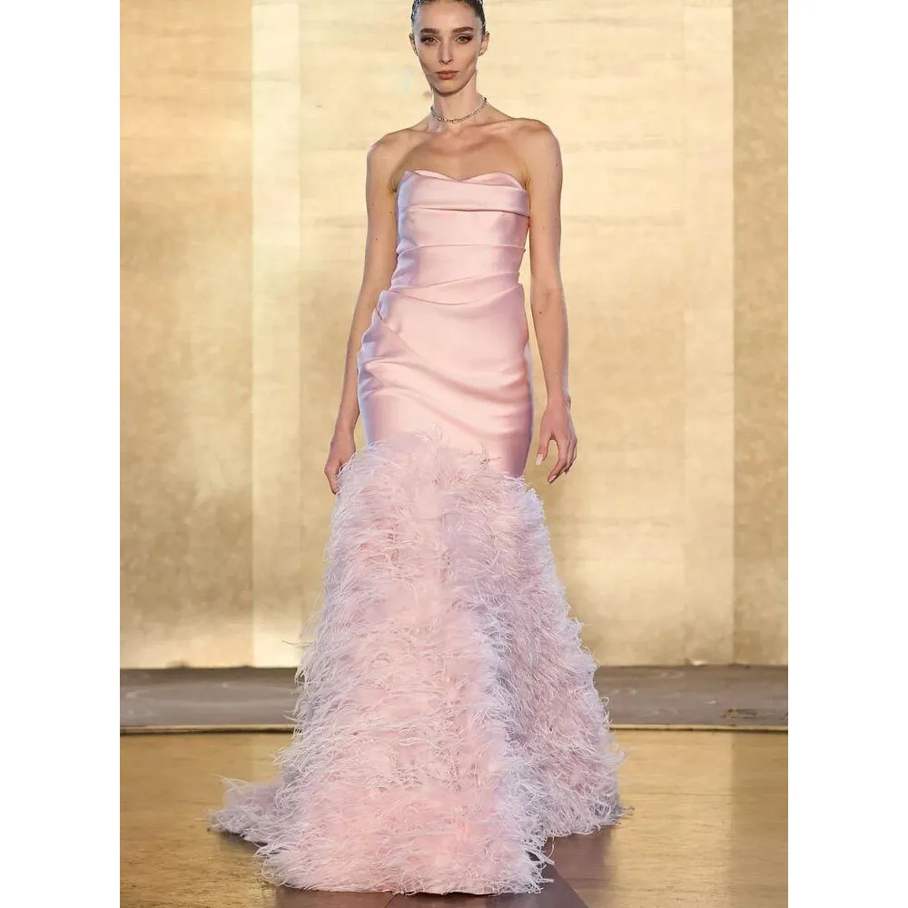 

Elegant Pink Evening Dresses Women Strapless Sleeveless High Quality Prom Party Banquet Celebrity Female Gowns Classic
