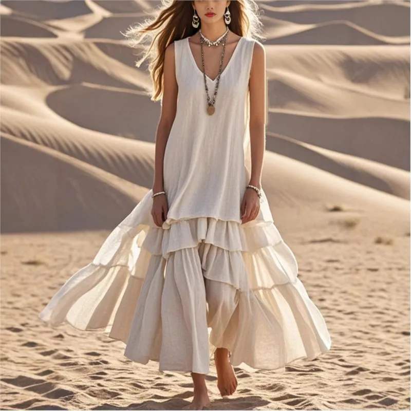 

Simple Solid Cotton Linen Long Dresses Women Fashion V Neck Loose Pleated Dress Summer Sleeveless Boho Beach Tank Dress Vestidos