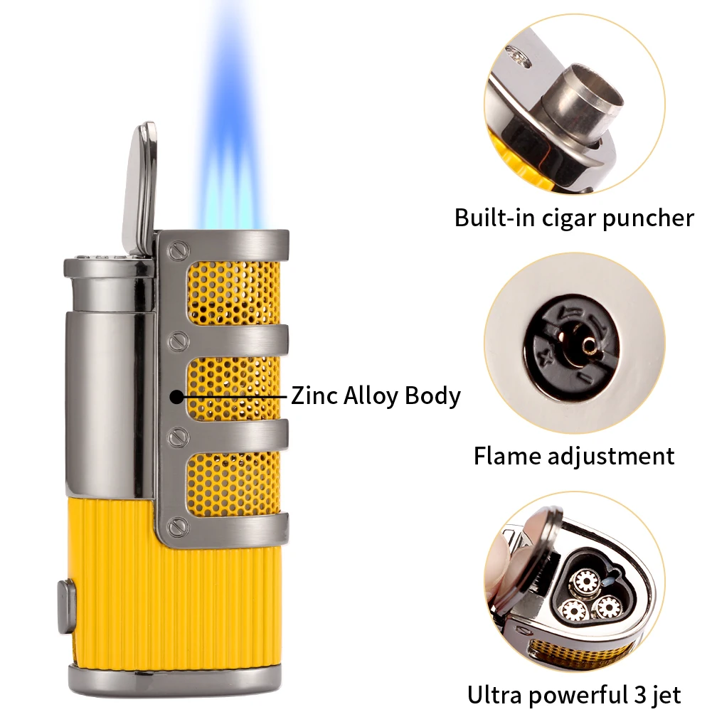 Metal Pocket Butane Torch Cigar Lighter Gas Windproof 3 Jet Smoking Lighters Cigar Accessories W/ Gift Box