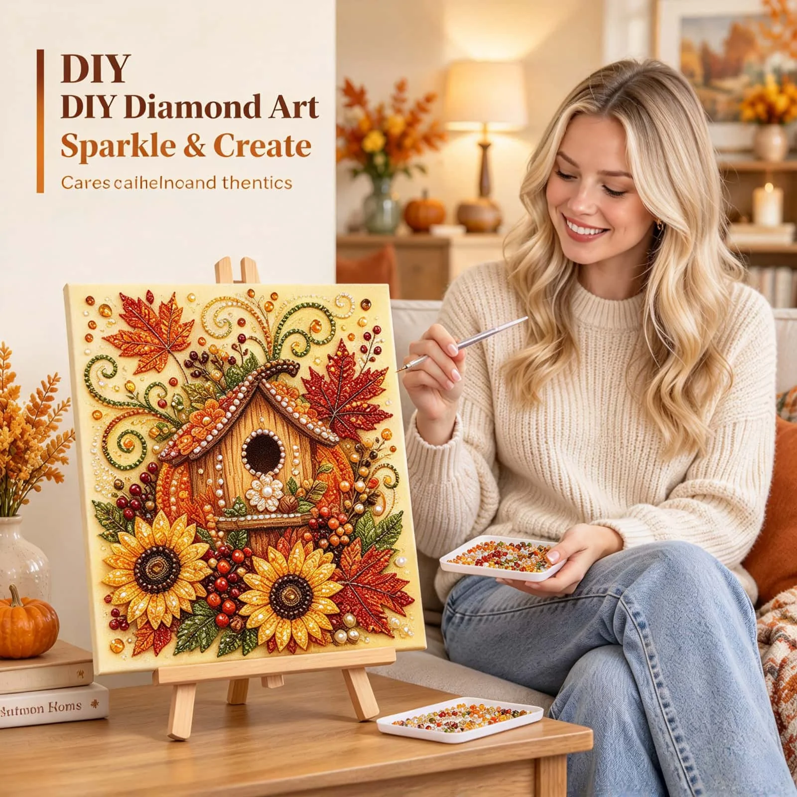 Autumn Leaves Pearl Rhinestone Wall Art DIY Diamond Painting Kit Compact Size Desktop Decor Relaxing Craft Activity Fall Gift Se