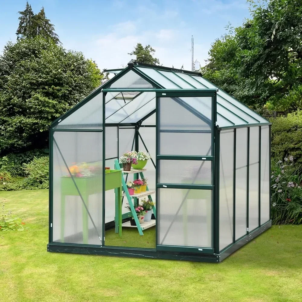 6' x 8' x 6.5' Polycarbonate Greenhouse, Heavy Duty Outdoor Aluminum Walk-in Green House Kit with Rain Gutter, Vent and Door for