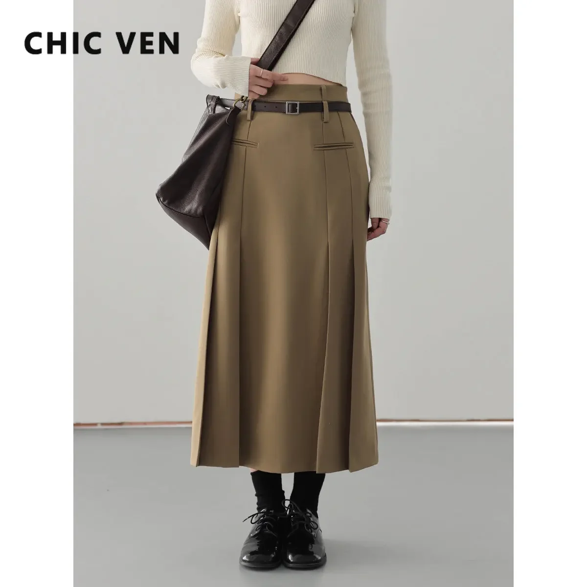 CHIC VEN Women Skirts High Waist Pleated Solid A-line Long Skirt Woman Clothes Female Outerwear Spring Autumn Fashion 2023