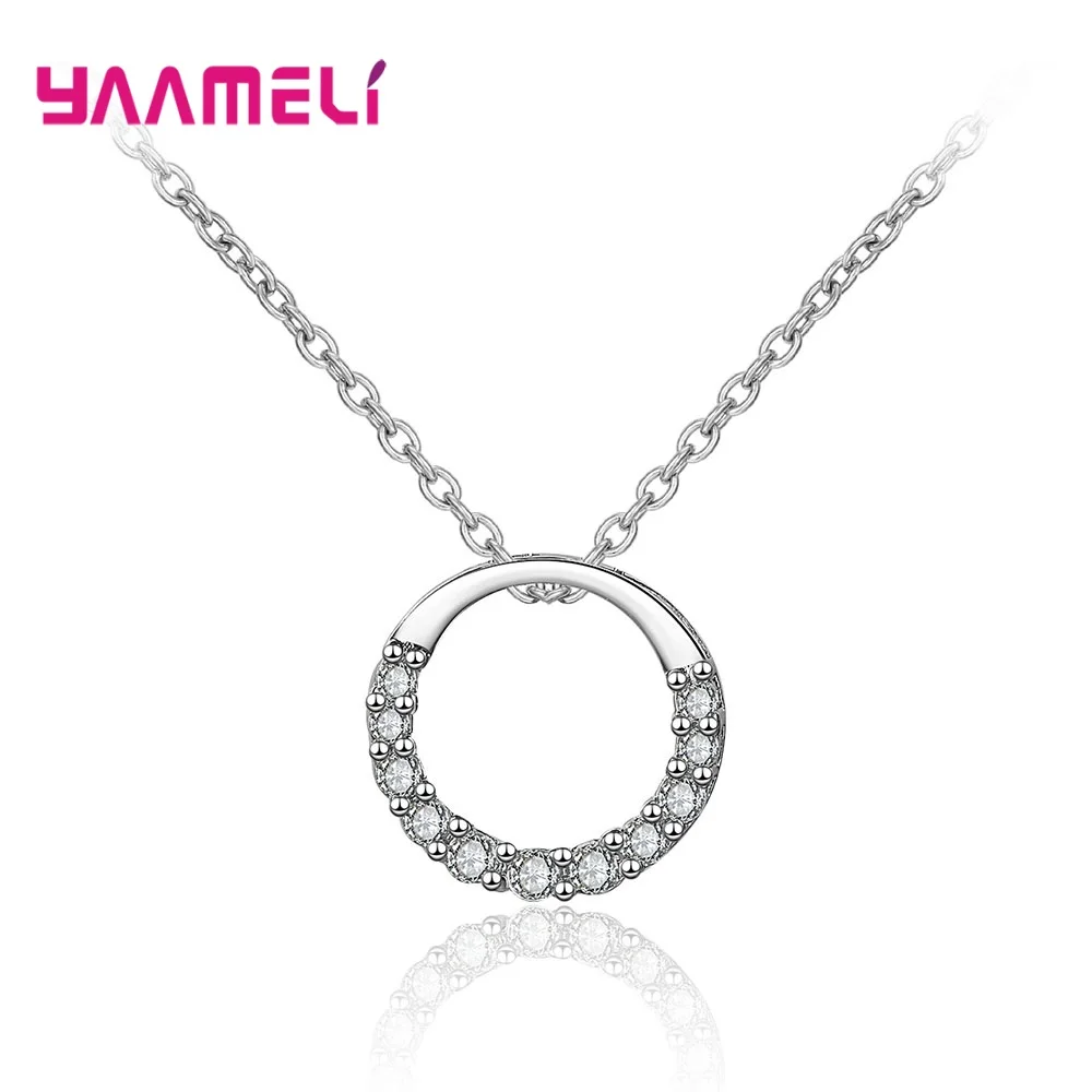 Hot Sale Sparkling Crystal Paved Hollow Round Circle Pendant Necklace For Women Girls Real 925 Sterling SilverJewelry Wedding