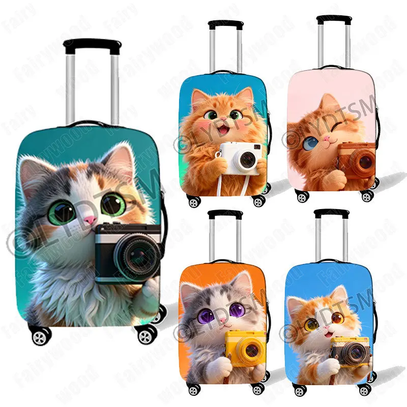 

18-30 Inches Kawaii Cat Taking Photos Graphic Print Luggage Cover The Kitten Holding A Camera Trolley Protective Suitcase Cover