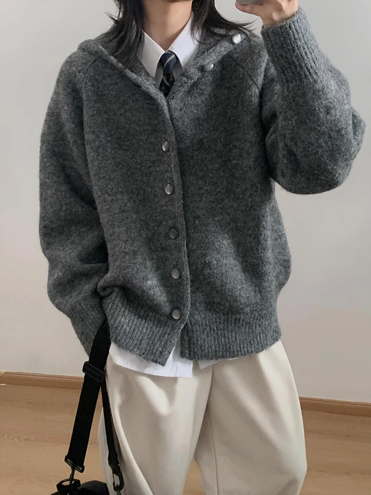 

Вязаный кардиган с капюшоном и пуговицами с глубокими глазами для мужчин и женщин, осень-зима, свободный крой Cleanfit ort, вязаный жакет, повседневный полиэстер...