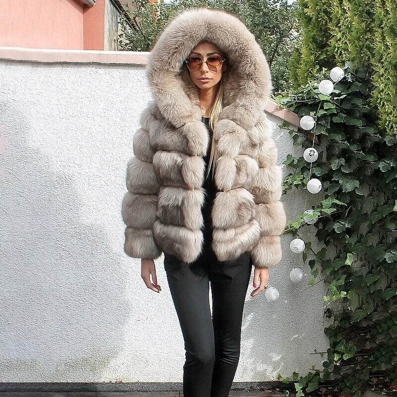 Women Real Fox Fur Coat Hooded Thick Full Pelt Warm Winter Jackets Outwear Winter luxurious authentic genuine fur coats 2024