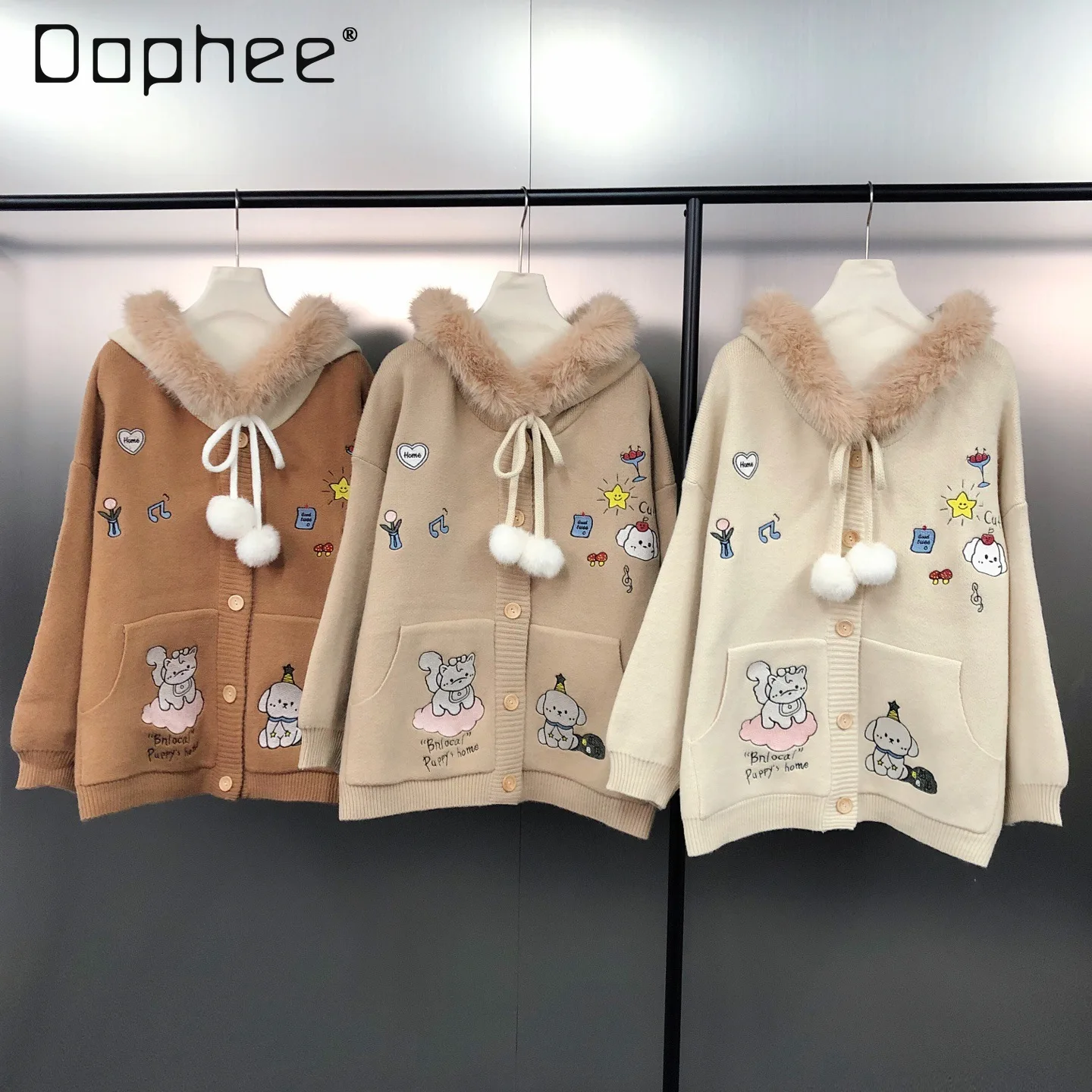 

Women Cardigan Autumn Winter Korean Style Embroidered Cartoon Loose Slimming Versatile Hooded Sweater Jacket for Women