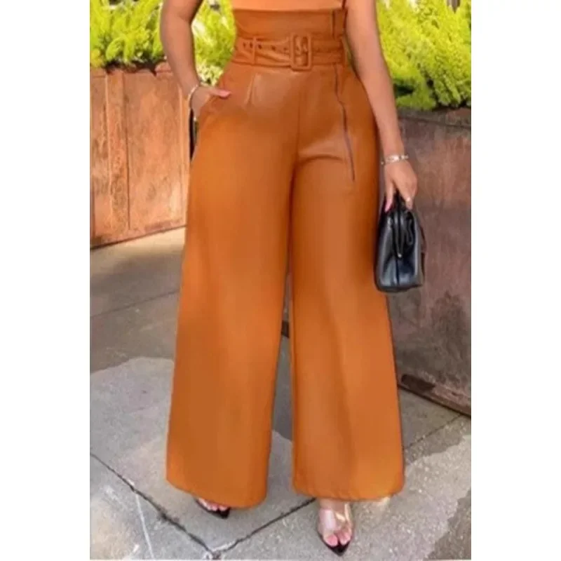 Women's Pants Wholesale Items High Waist Pu Leather Black Wide Leg Pants for Women Casual Fashion Loose Streetwear Trouser Femme
