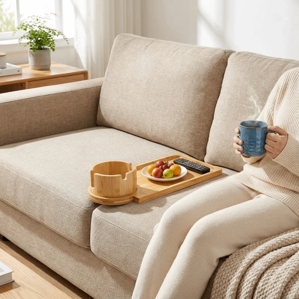 Wood 2 in 1 Couch Arm Tray Movable Space Saving Sofa Armrest Gap Tray with Rotating Mug Holder Sofa Armrest Storage Tray Drinks