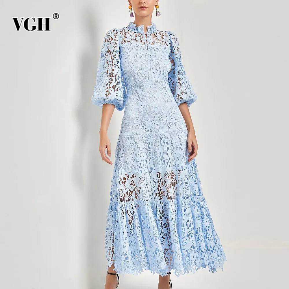 VGH Solid Patchwork Button Hollow Out Dress For Women Stand Collar Lantern Sleeve High Waist Minimalist Long Dresses Female New