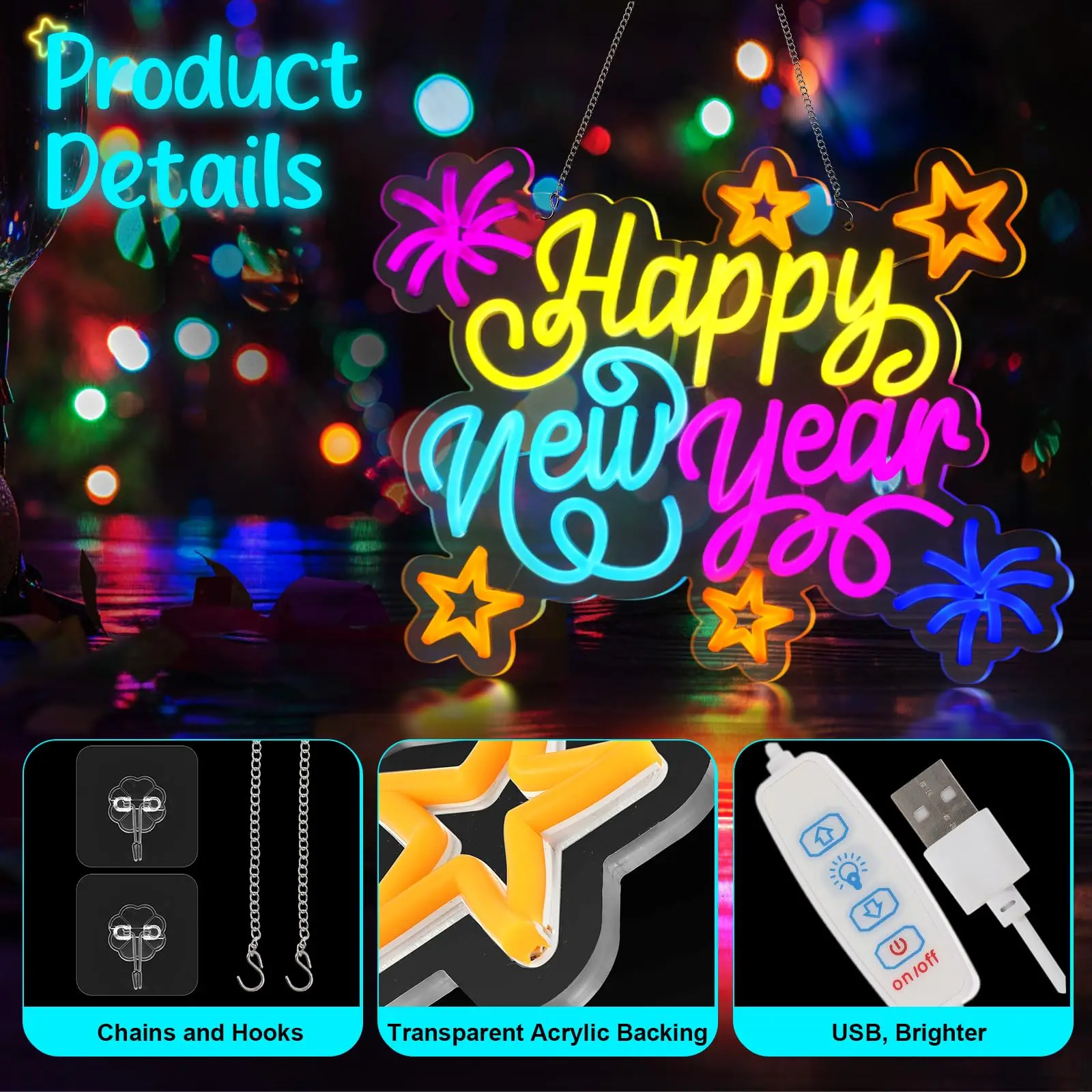 2026 سنة جديدة سعيدة النيون الملونة USB بالطاقة LED تضيء تسجيل جدار ديكور لغرفة النوم مهرجان الربيع الطرف #5