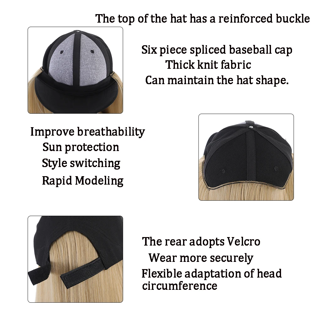 Synthetic Hat Wig with Long Straight Black Hair Baseball Cap Hair Extension Stylish & Convenient All-in-One Design for Women - view 3