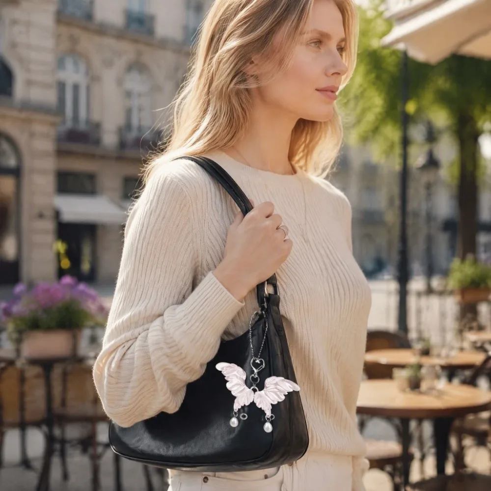 Resin Imitation Pearl Bag Charm Butterfly Shape Trendy Style Butterfly Keychain Tassel Design Keychain Pendant For Backpack