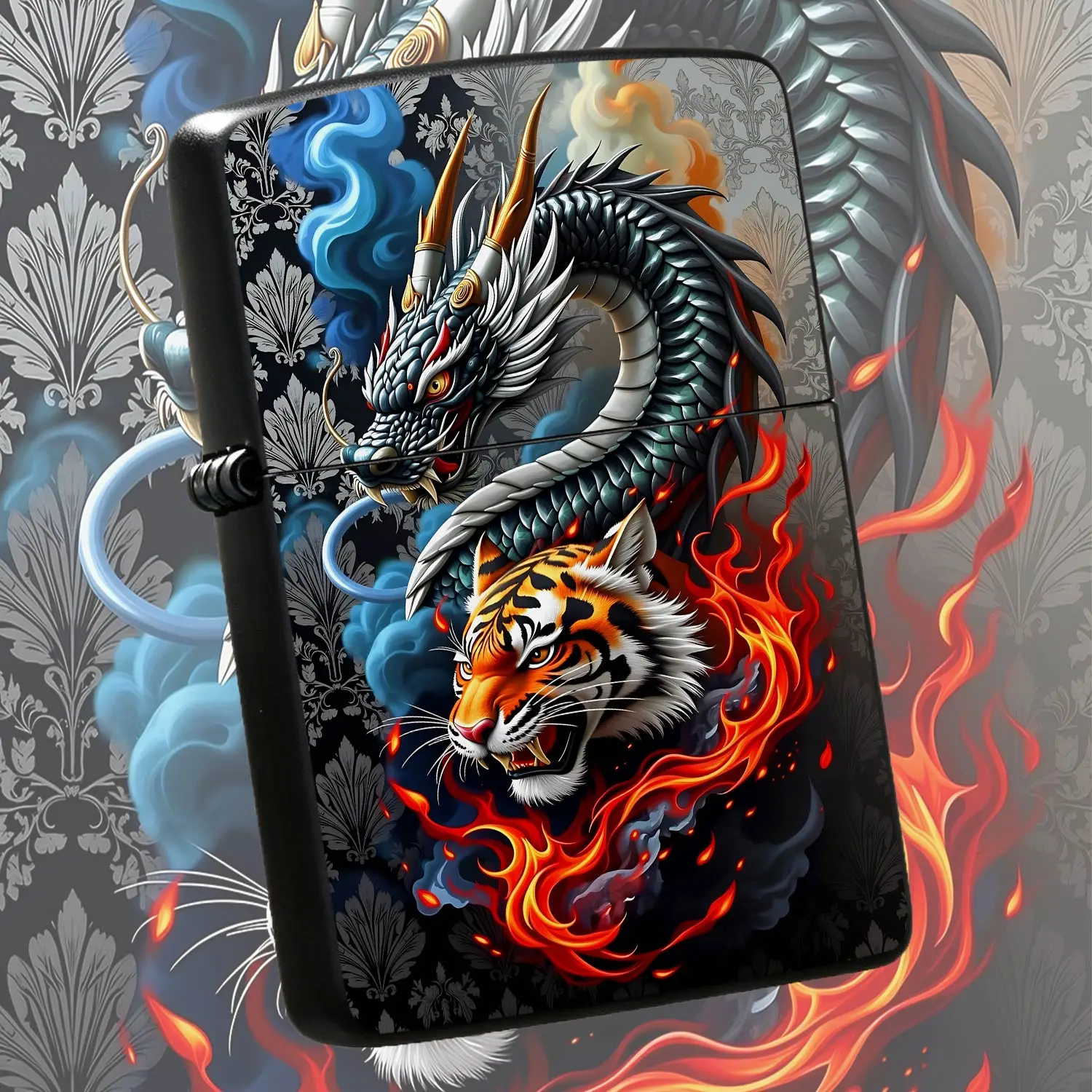 Creative Dragon Tiger Pattern Lighter, Auspicious Eastern Aesthetic Art Ornament, Cool Flame Cloud Decor, Full Scene Portable Stylish Accessory, Ideal Gift for Gifting, Exquisite Trendy Decorative Piece for Daily Use A Humorous And Interest