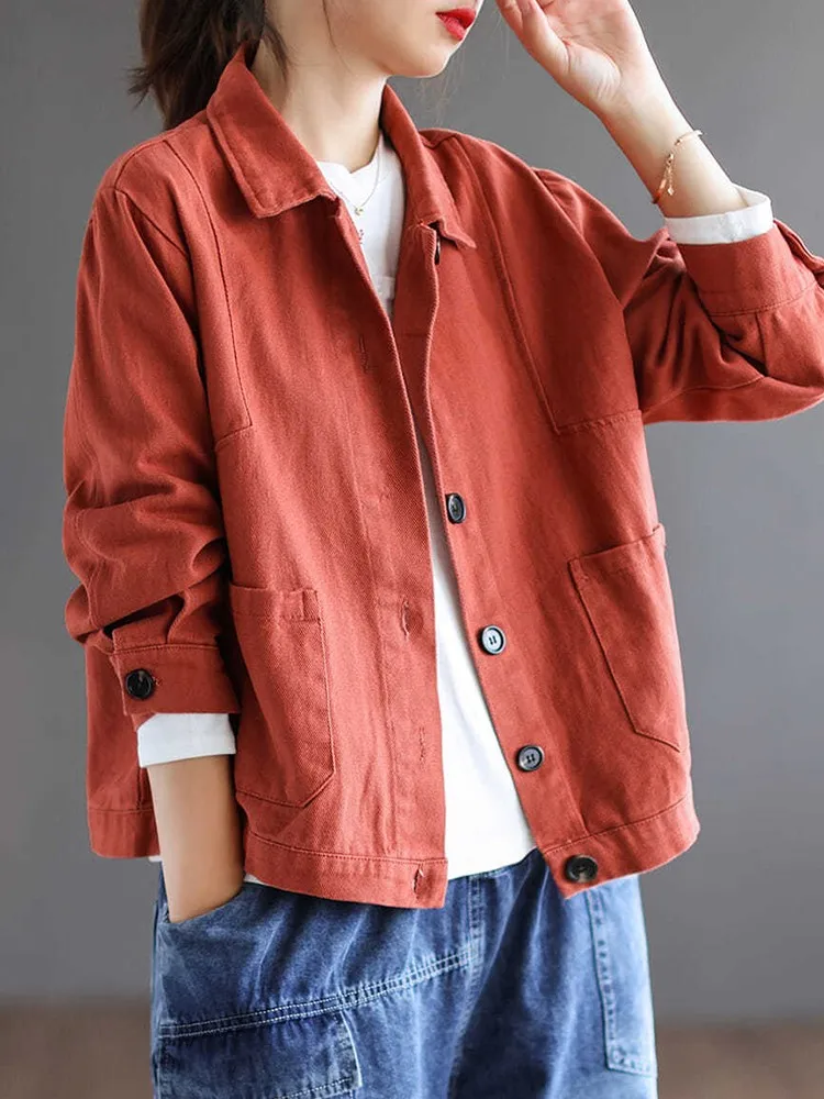 100% Cotton Women Casual Short Jackets New Arrival 2022 Autumn Vintage Style Solid Color All-match Female Outerwear Coats D480