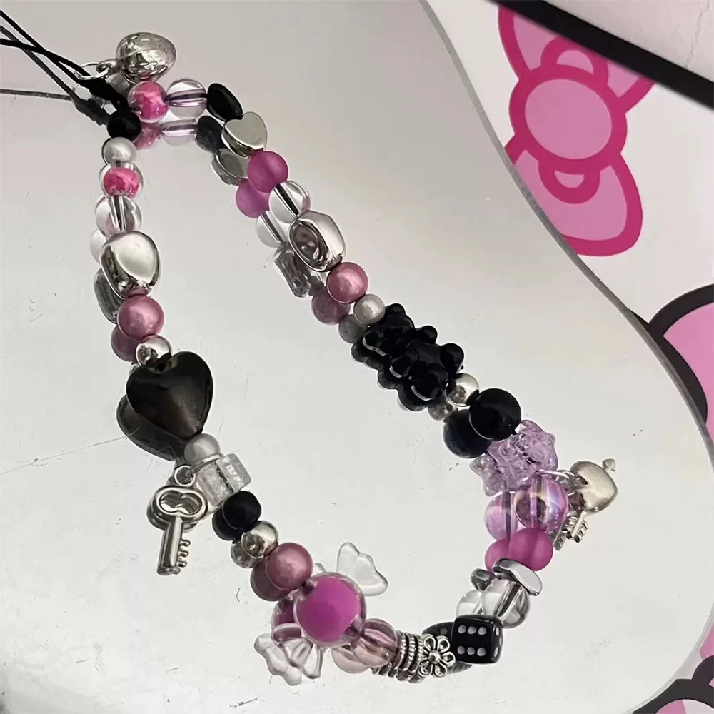 INS Y2K سلسلة الهاتف مفتاح معلق النساء المعصم مجوهرات الحلوى الحب القلب مطرز سلسلة الهاتف المحمول سحر الحبل الهاتف الديكور #5