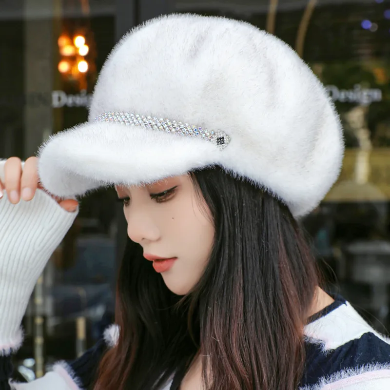 Winter Hat For Women Fashion Faux Fur Fluffy Duck Tongue Hat Female Warm Ear Protection Hats Outdoor Thicken Wind Snow Caps