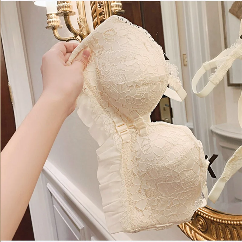 Beige Super Push Up Front Closure Bra for Small Breasts Korean Style High Quality Women\'s Bras Wireless Lace Bralettes Mujer