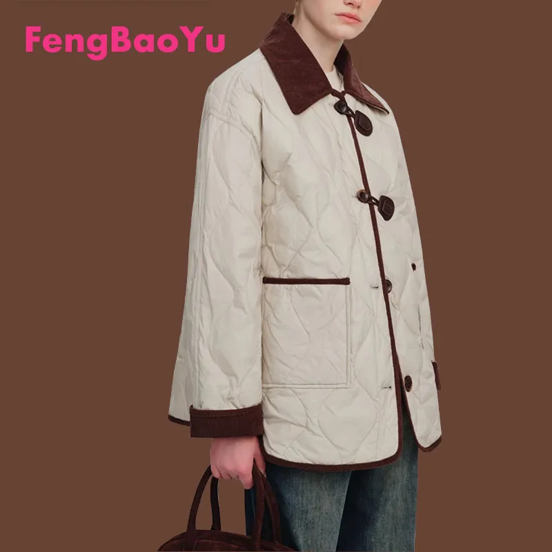 Fengbaoyu-Chaqueta de plumón de pato blanco para mujer, abrigo suelto, ligero, cálido y esponjoso, hebilla de cuerno, diamante, otoño e invierno, nuevo