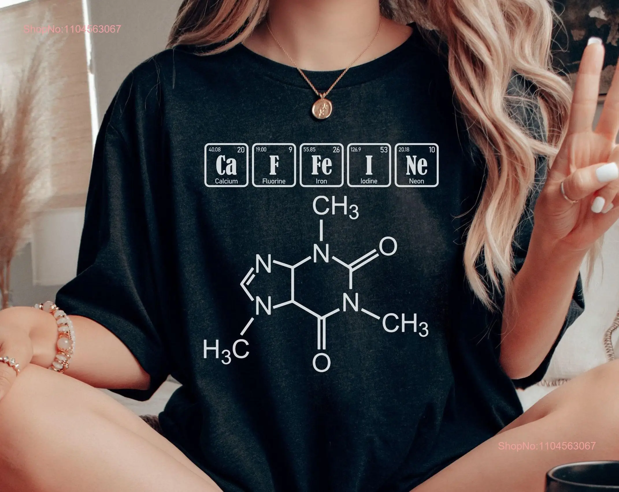 Caffeine Molecule T Shirt Coffee Periodic Table Science Elemental long or short sleeves