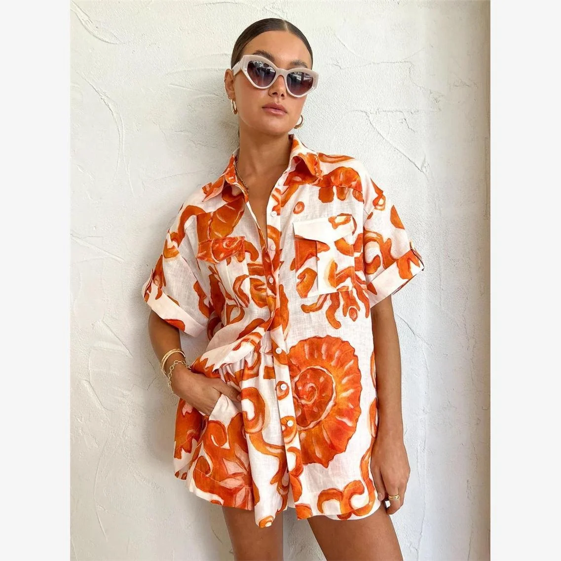 Conjunto de Csa Casual para Mujer con Estampado y Solapa, Estilo Hoado, Atuendo Cómodo y Moderno para el Verano, para Mu...