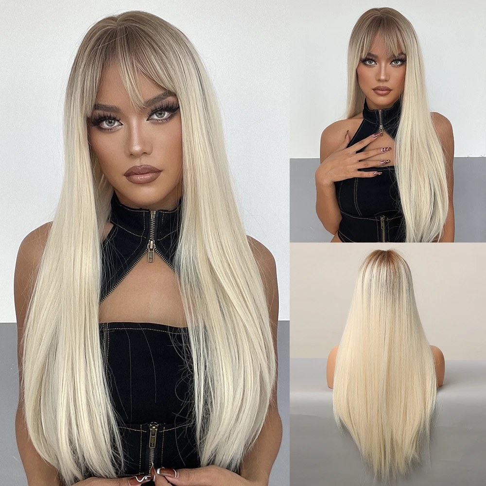 Platinum Ombre Synthetic Wigs Cosplay Silky Long Straight Wig with Bangs Dark Root Party Hair Wig for Women Heat Resistant Fiber